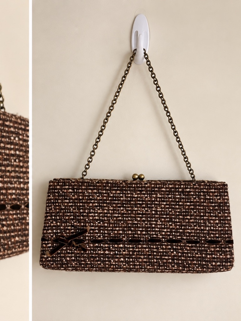 Vintage Brown Tweed Shoulder Bag – Chain Strap & Velvet Bow